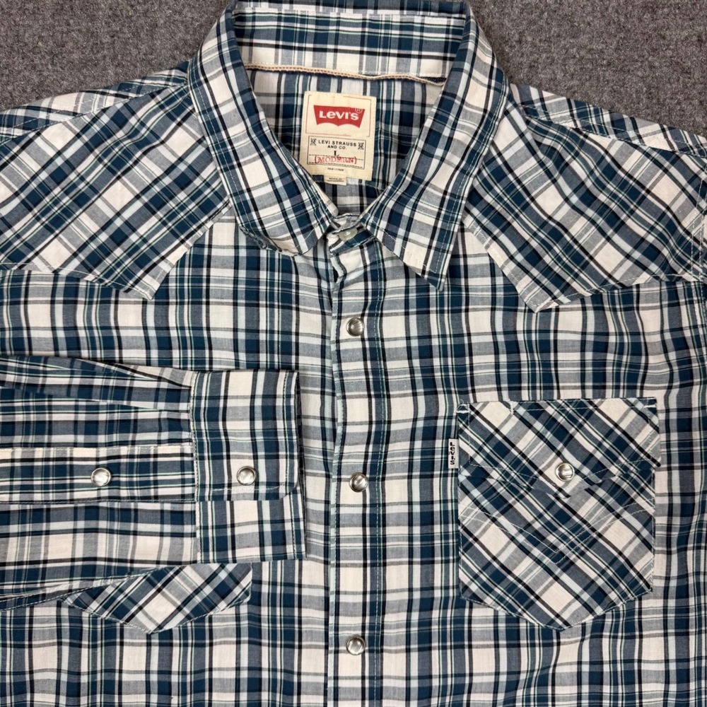 Levis Mens Modern Fit Western Plaid Snap Button Long Sleeve Shirt Blue Teal L